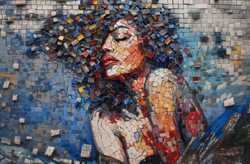 Colorful Mosaic Pattern - girl with afro on wall - wall art mosaic